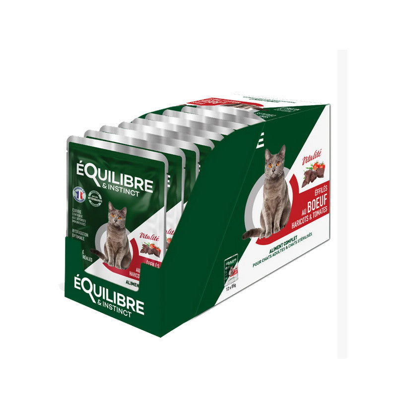 Effilés au boeuf haricots et tomates chat 12x85g Equilibre & Instinct